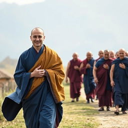A serene scene featuring a European-faced Buddhist monk around 30 years old, dressed in flowing BLUE ROBES inspired by traditional Tibetan maroon and saffron robes
