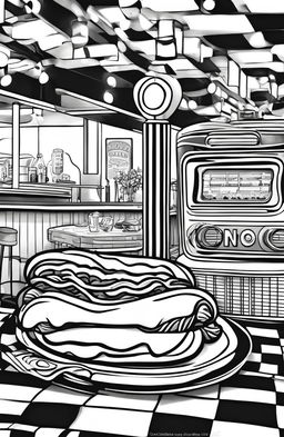 An adult coloring book page featuring a hotdog on a plate in a retro diner