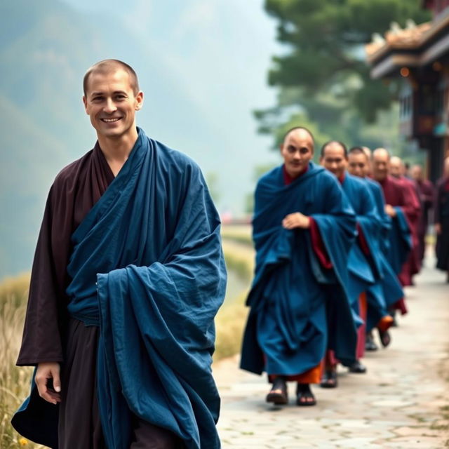 A serene scene featuring a European-faced Buddhist monk around 30 years old, dressed in flowing BLUE ROBES inspired by traditional Tibetan maroon and saffron robes