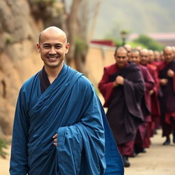 A serene scene featuring a European-faced Buddhist monk around 30 years old, dressed in flowing BLUE ROBES inspired by traditional Tibetan maroon and saffron robes