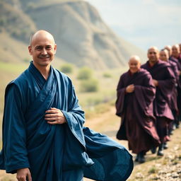 A serene scene featuring a European-faced Buddhist monk around 30 years old, dressed in flowing BLUE ROBES inspired by traditional Tibetan maroon and saffron robes