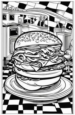 An adult coloring book page featuring a hotdog on a plate in a retro diner