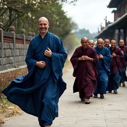 A serene scene featuring a full-body view of a European-faced Buddhist monk around 30 years old, dressed in flowing BLUE ROBES inspired by traditional Tibetan maroon and saffron robes