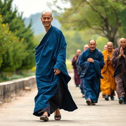A serene scene featuring a full-body view of a European-faced Buddhist monk around 30 years old, dressed in flowing BLUE ROBES inspired by traditional Tibetan maroon and saffron robes