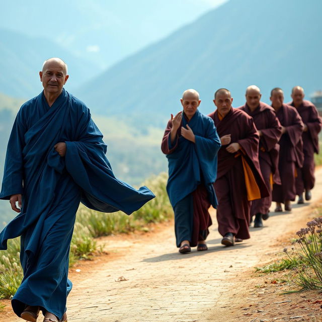 A serene scene featuring a full-body view of a European-faced Buddhist monk around 30 years old, dressed in flowing BLUE ROBES inspired by traditional Tibetan maroon and saffron robes