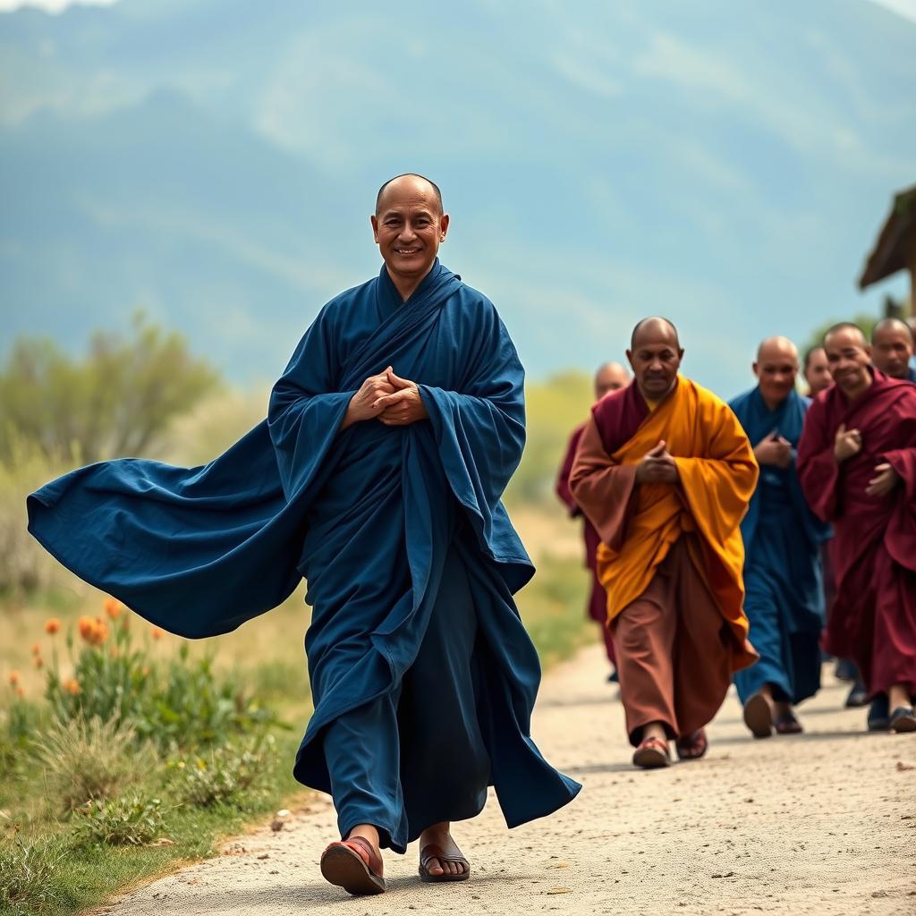 A serene scene featuring a full-body view of a European-faced Buddhist monk around 30 years old, dressed in flowing BLUE ROBES inspired by traditional Tibetan maroon and saffron robes