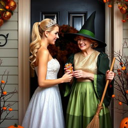 A pretty woman standing at a door, with long blonde hair pulled back in a ponytail, elegantly curled to one side and flowing behind her