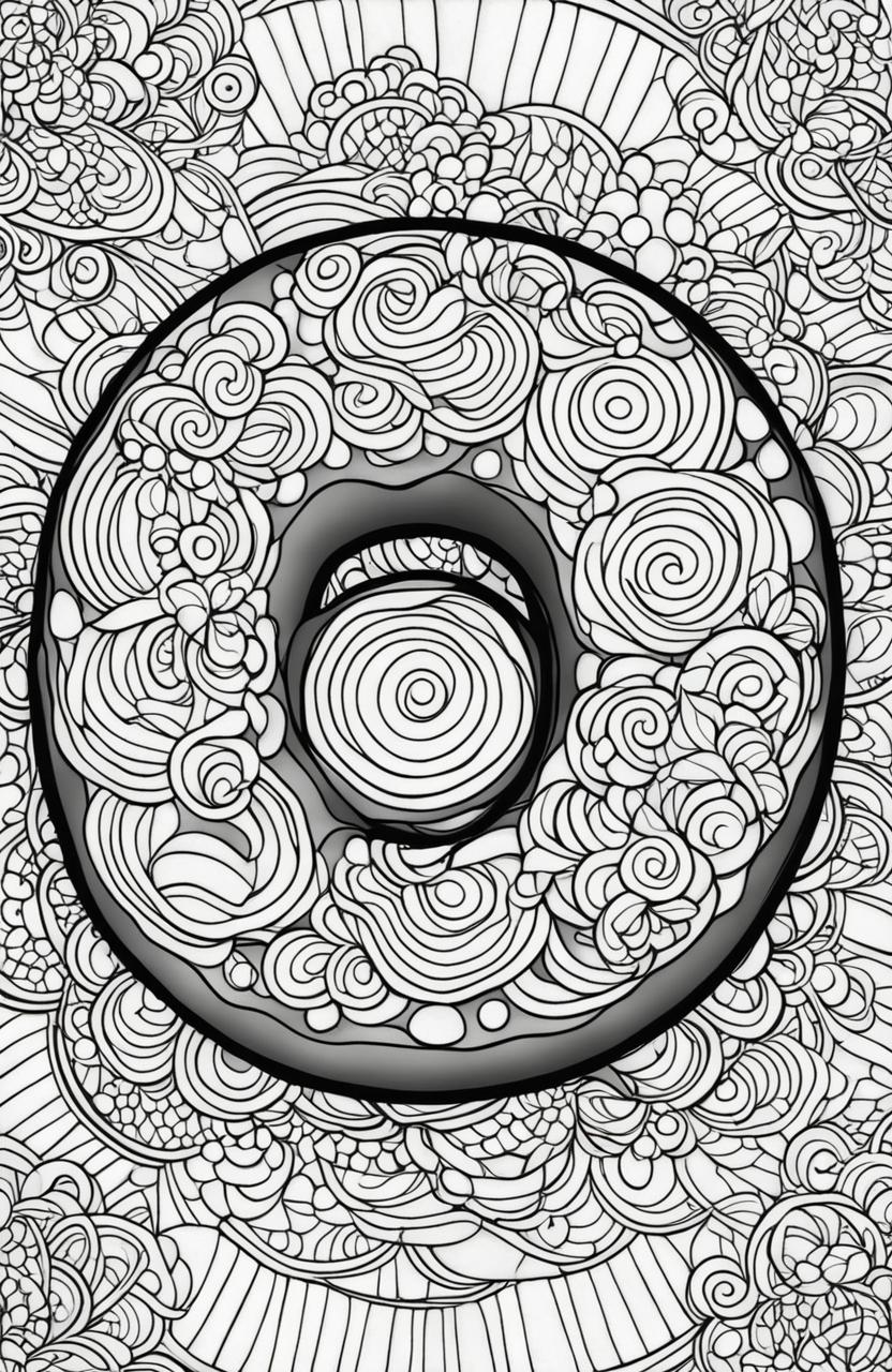 An adult coloring book page featuring a detailed, appetizing donut at the center