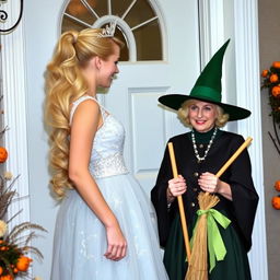 A pretty woman standing at a door, with long blonde hair pulled back in a ponytail, elegantly curled to one side and flowing behind her