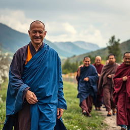 A serene scene set against a beautiful spring landscape, featuring a Buddhist monk around 30 years old with a European face, dressed in flowing robes of various shades of blue, reminiscent of Tibetan maroon and saffron robes but transformed into a spectrum of moderate to deep dark blue hues