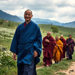 A serene scene set against a beautiful spring landscape, featuring a Buddhist monk around 30 years old with a European face, dressed in flowing robes of various shades of blue, reminiscent of Tibetan maroon and saffron robes but transformed into a spectrum of moderate to deep dark blue hues