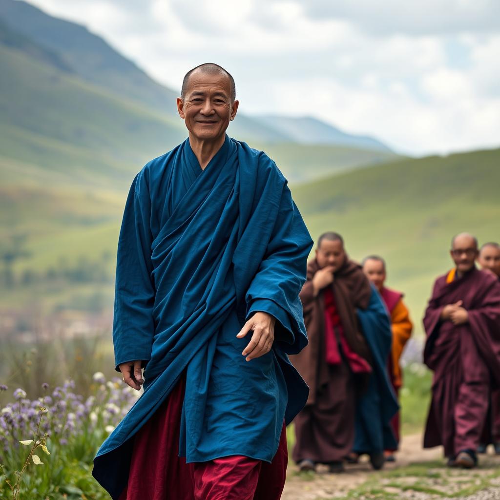 A serene scene set against a beautiful spring landscape, featuring a Buddhist monk around 30 years old with a European face, dressed in flowing robes of various shades of blue, reminiscent of Tibetan maroon and saffron robes but transformed into a spectrum of moderate to deep dark blue hues