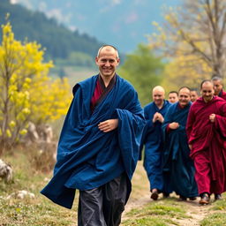 A serene scene set against a beautiful spring landscape, featuring a Buddhist monk around 30 years old with a European face, dressed in flowing robes of various shades of blue, reminiscent of Tibetan maroon and saffron robes but transformed into a spectrum of moderate to deep dark blue hues