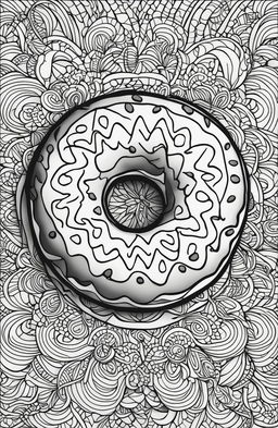 An adult coloring book page featuring a detailed, appetizing donut at the center