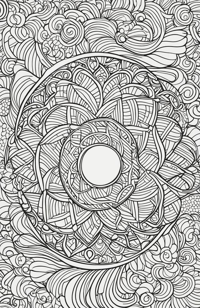 An adult coloring book page featuring a detailed, appetizing donut at the center