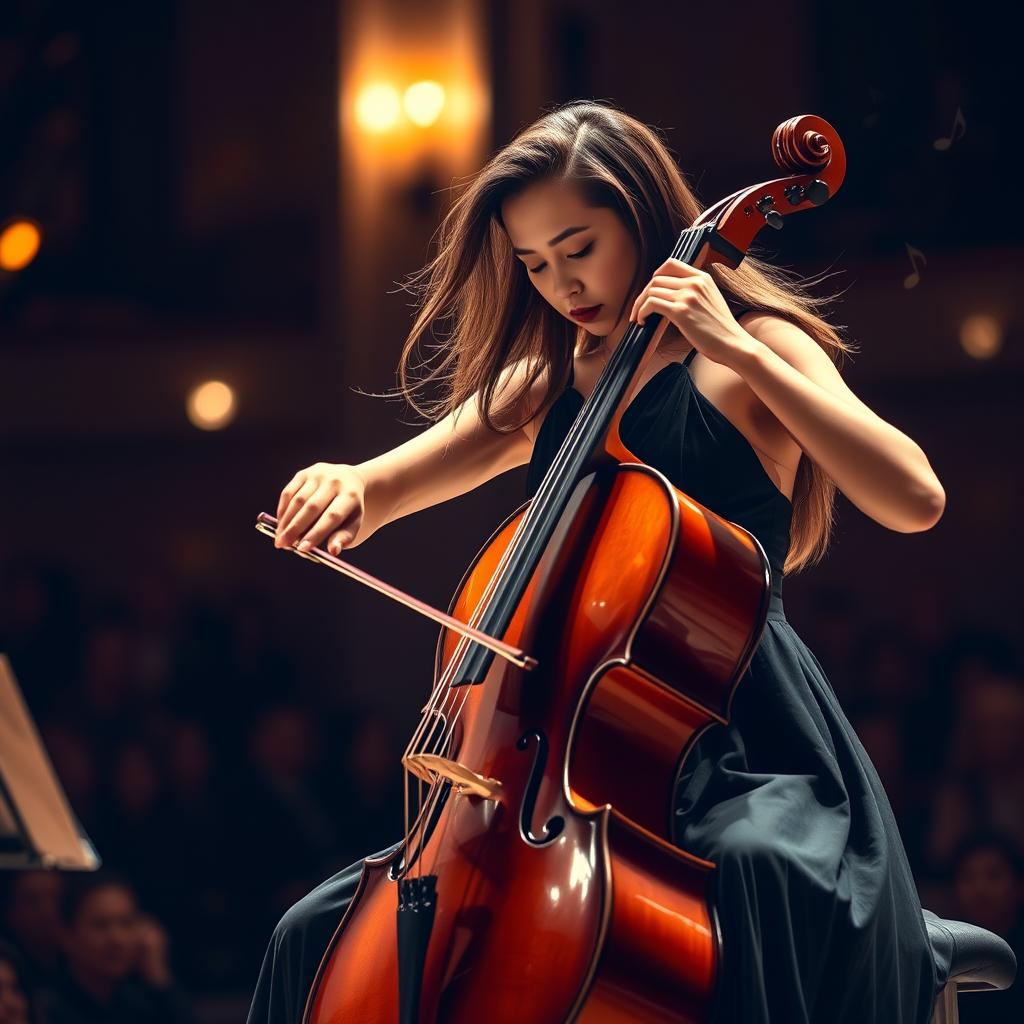 A talented cellist performing on stage, elegantly dressed in a black evening gown, focusing intensely on playing a beautiful cello