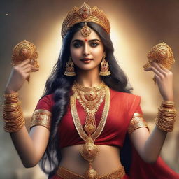 A hyper-realistic, high-resolution portrait of Pooja Hegde as Goddess Durga, radiating divine anger