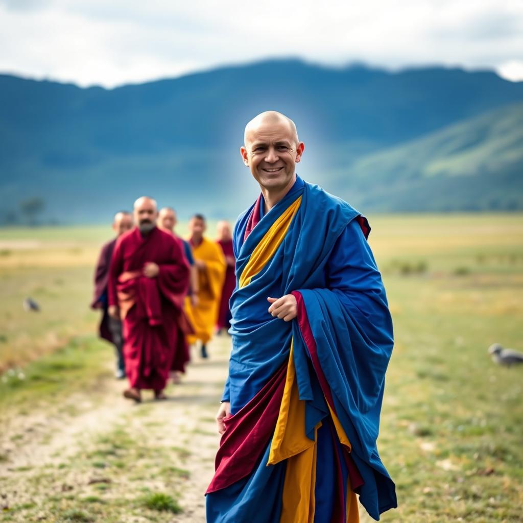 A serene landscape showcasing a Caucasian Danish Buddhist monk around 30 years old, dressed in vibrant multicolored blue robes reminiscent of Tibetan robes, seen from a distance to capture his full body