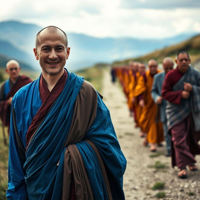 A serene landscape showcasing a Caucasian Danish Buddhist monk around 30 years old, dressed in vibrant multicolored blue robes reminiscent of Tibetan robes, seen from a distance to capture his full body