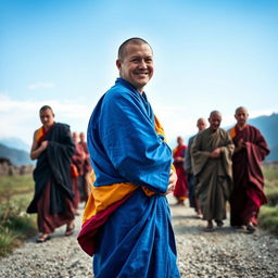 A serene landscape showcasing a Caucasian Danish Buddhist monk around 30 years old, dressed in vibrant multicolored blue robes reminiscent of Tibetan robes, seen from a distance to capture his full body