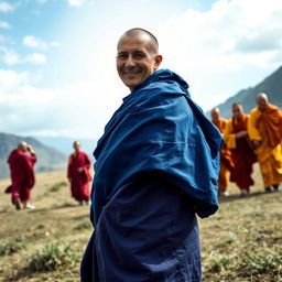 A serene landscape showcasing a Caucasian Danish Buddhist monk around 30 years old, dressed in vibrant multicolored blue robes reminiscent of Tibetan robes, seen from a distance to capture his full body