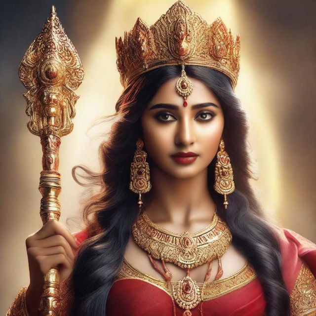 A hyper-realistic, high-resolution portrait of Pooja Hegde as Goddess Durga, radiating divine anger