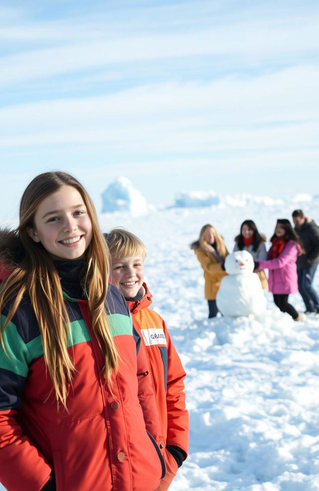 A scene set in the Arctic featuring a group of teenagers: a girl with long brown hair and a boy with short blond hair standing in the foreground, both dressed warmly in colorful winter jackets