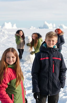 A scene set in the Arctic featuring a group of teenagers: a girl with long brown hair and a boy with short blond hair standing in the foreground, both dressed warmly in colorful winter jackets
