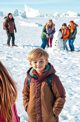 A scene set in the Arctic featuring a group of teenagers: a girl with long brown hair and a boy with short blond hair standing in the foreground, both dressed warmly in colorful winter jackets