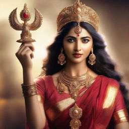 A hyper-realistic, high-resolution portrait of Pooja Hegde as Goddess Durga, radiating divine anger