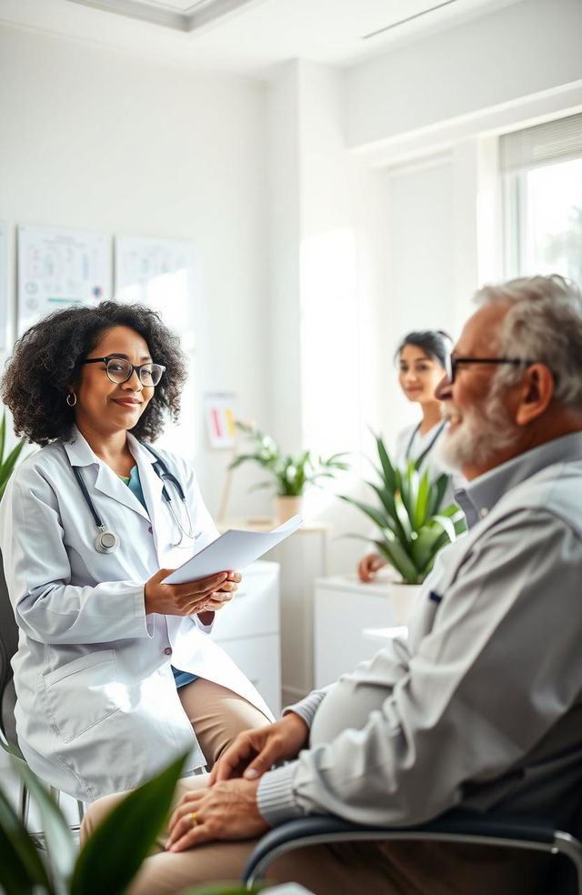 A serene healthcare scene featuring a diverse group of medical professionals in a sunny office environment