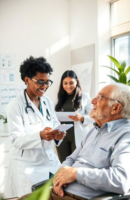 A serene healthcare scene featuring a diverse group of medical professionals in a sunny office environment