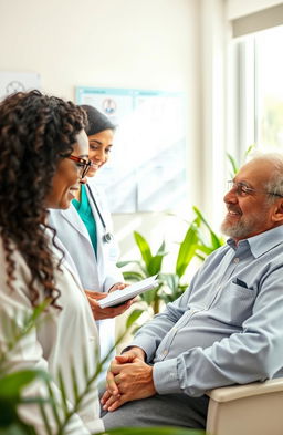 A serene healthcare scene featuring a diverse group of medical professionals in a sunny office environment