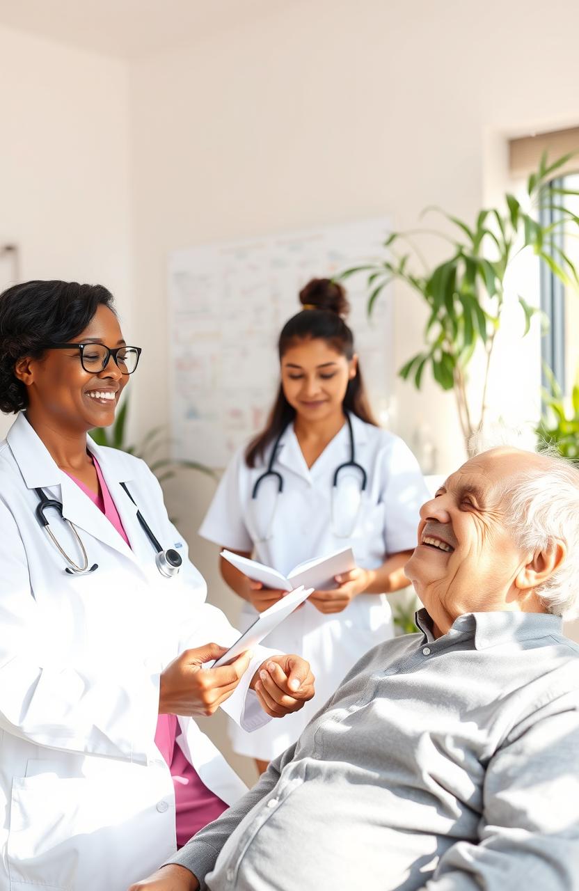 A serene healthcare scene featuring a diverse group of medical professionals in a sunny office environment