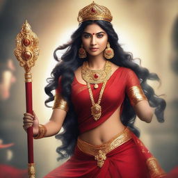 A hyper-realistic, high-resolution portrait of Pooja Hegde as Goddess Durga, radiating divine anger