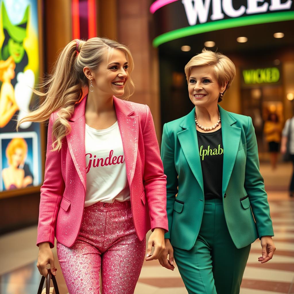 A vibrant scene of two stylish women walking excitedly to the movies