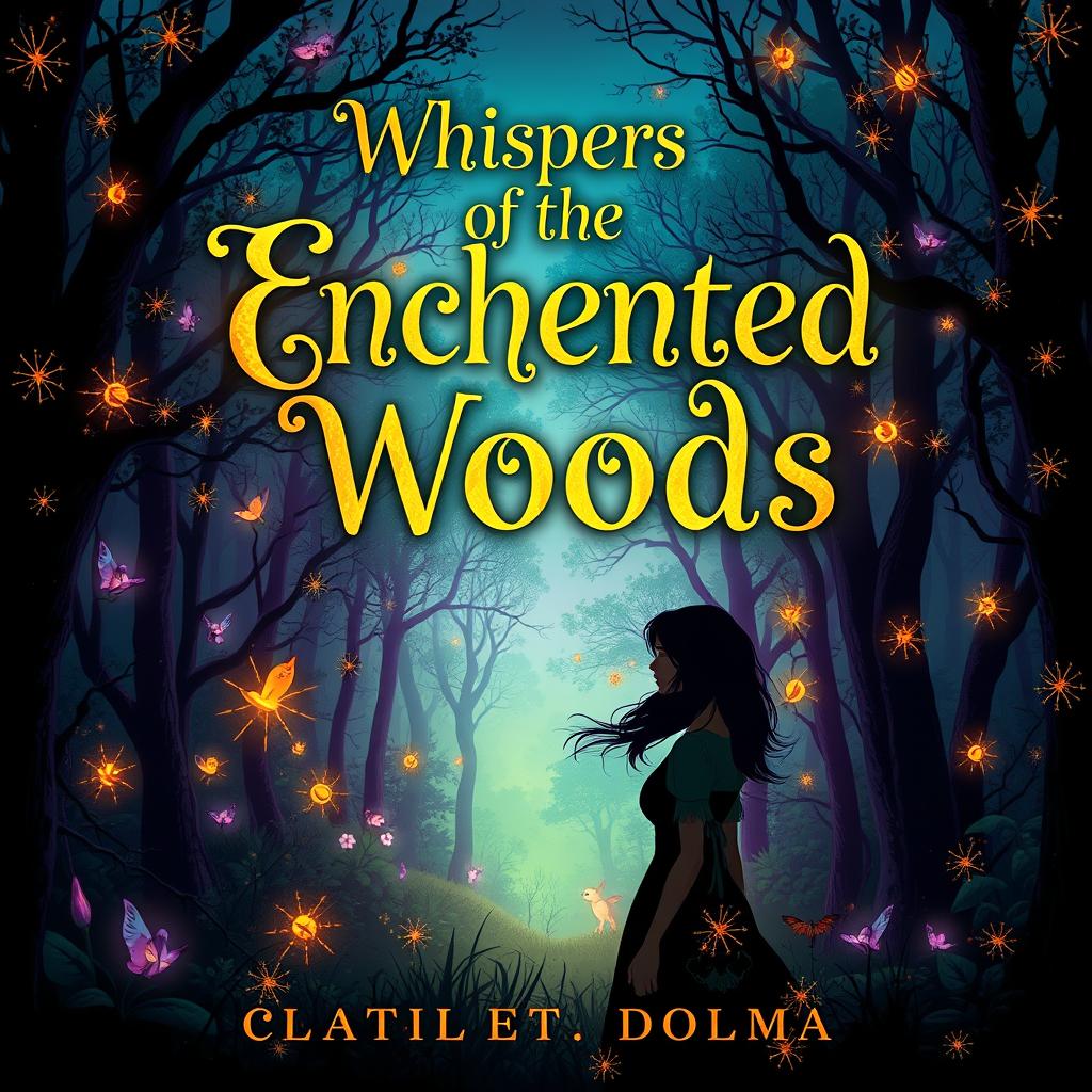 A captivating book cover design featuring an enchanting forest at twilight, with vibrant, glowing flowers and mystical creatures peeking through the trees