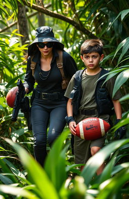 A dynamic scene featuring a female spy navigating through a dense, lush jungle, wearing tactical gear and focused on her mission to track down a criminal