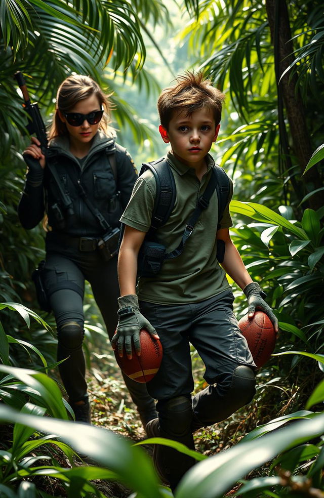 A dynamic scene featuring a female spy navigating through a dense, lush jungle, wearing tactical gear and focused on her mission to track down a criminal