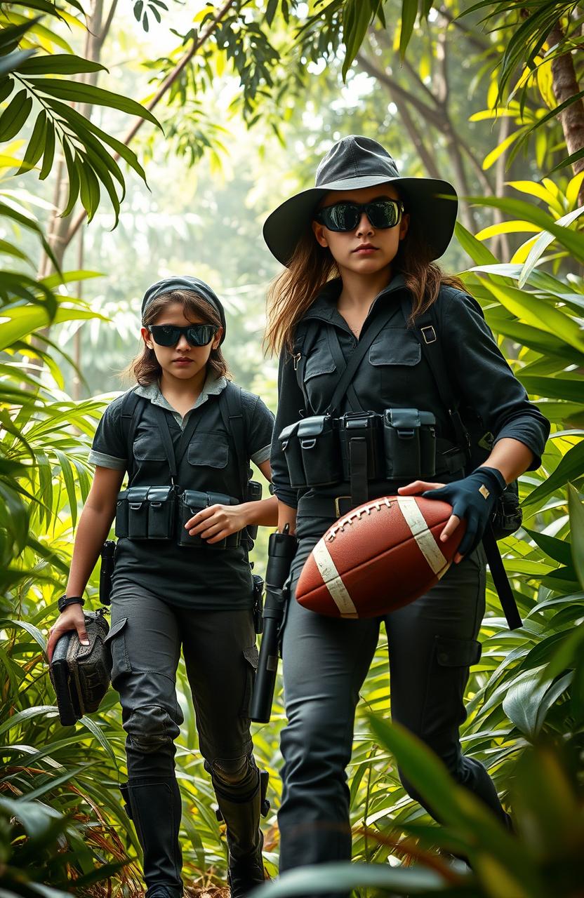 A dynamic scene featuring a female spy navigating through a dense, lush jungle, wearing tactical gear and focused on her mission to track down a criminal