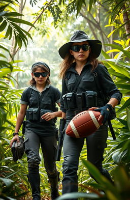 A dynamic scene featuring a female spy navigating through a dense, lush jungle, wearing tactical gear and focused on her mission to track down a criminal