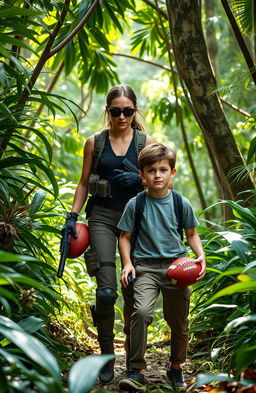 A dynamic scene featuring a female spy navigating through a dense, lush jungle, wearing tactical gear and focused on her mission to track down a criminal