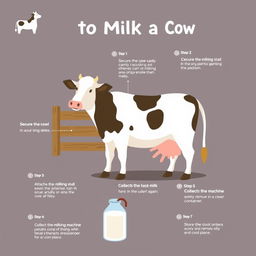 An educational infographic illustrating the steps to milk a cow