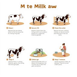 An educational infographic illustrating the steps to milk a cow