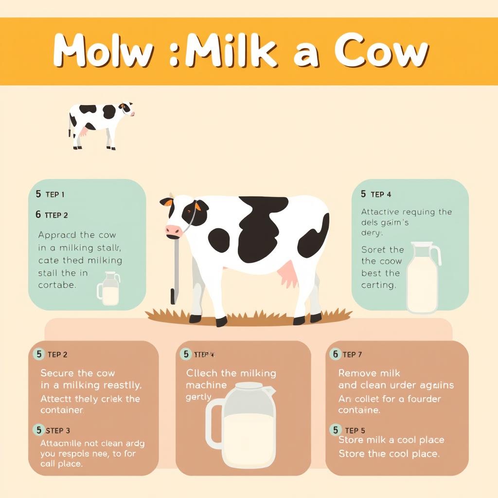 An educational infographic illustrating the steps to milk a cow