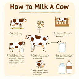 An educational infographic illustrating the steps to milk a cow