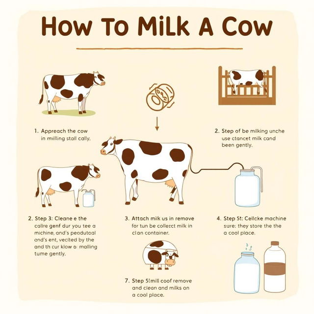 An educational infographic illustrating the steps to milk a cow