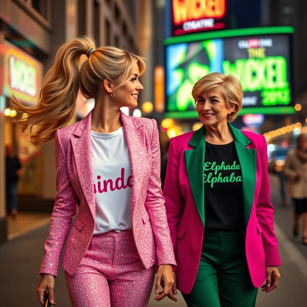 A pretty woman walking towards the movies, featuring long blonde hair styled in a ponytail, curled to one side and flowing behind her