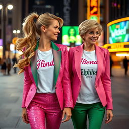 A pretty woman walking towards the movies, featuring long blonde hair styled in a ponytail, curled to one side and flowing behind her