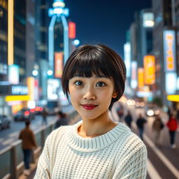 A young cute Korean woman standing confidently in front of a nighttime urban background